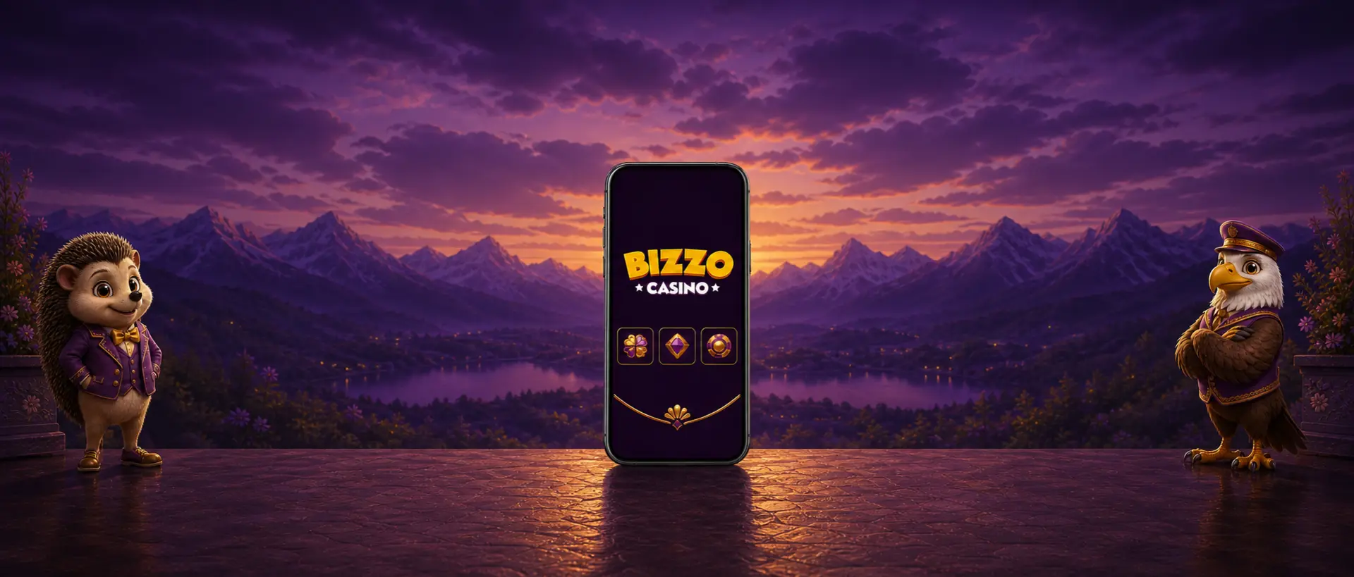 Aplikacija Bizzo Casino na telefonu med ježem in planinskim orlom